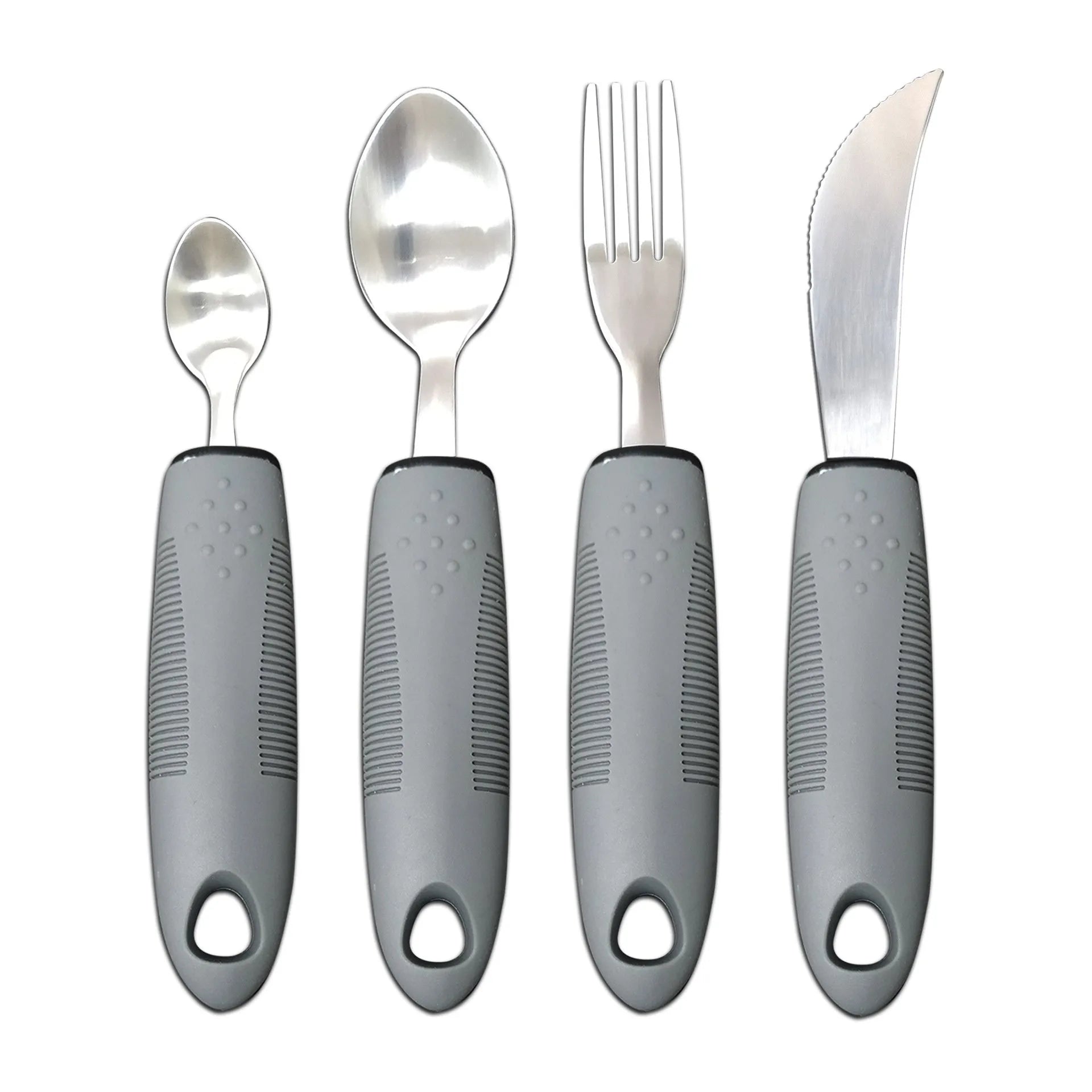Stainless steel adaptive eating utensils with rubber handles and bendable components for elderly anti-shake support
