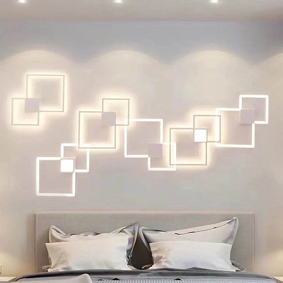 Square 35.3cm geometric LED wall light in white, iron frame with acrylic diffuser, 20W-24W output