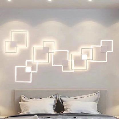 Square 35.3cm geometric LED wall light in white, iron frame with acrylic diffuser, 20W-24W output