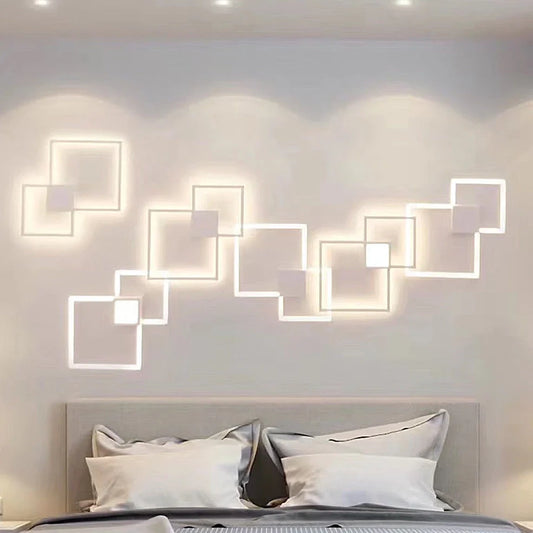 Square 35.3cm geometric LED wall light in white, iron frame with acrylic diffuser, 20W-24W output