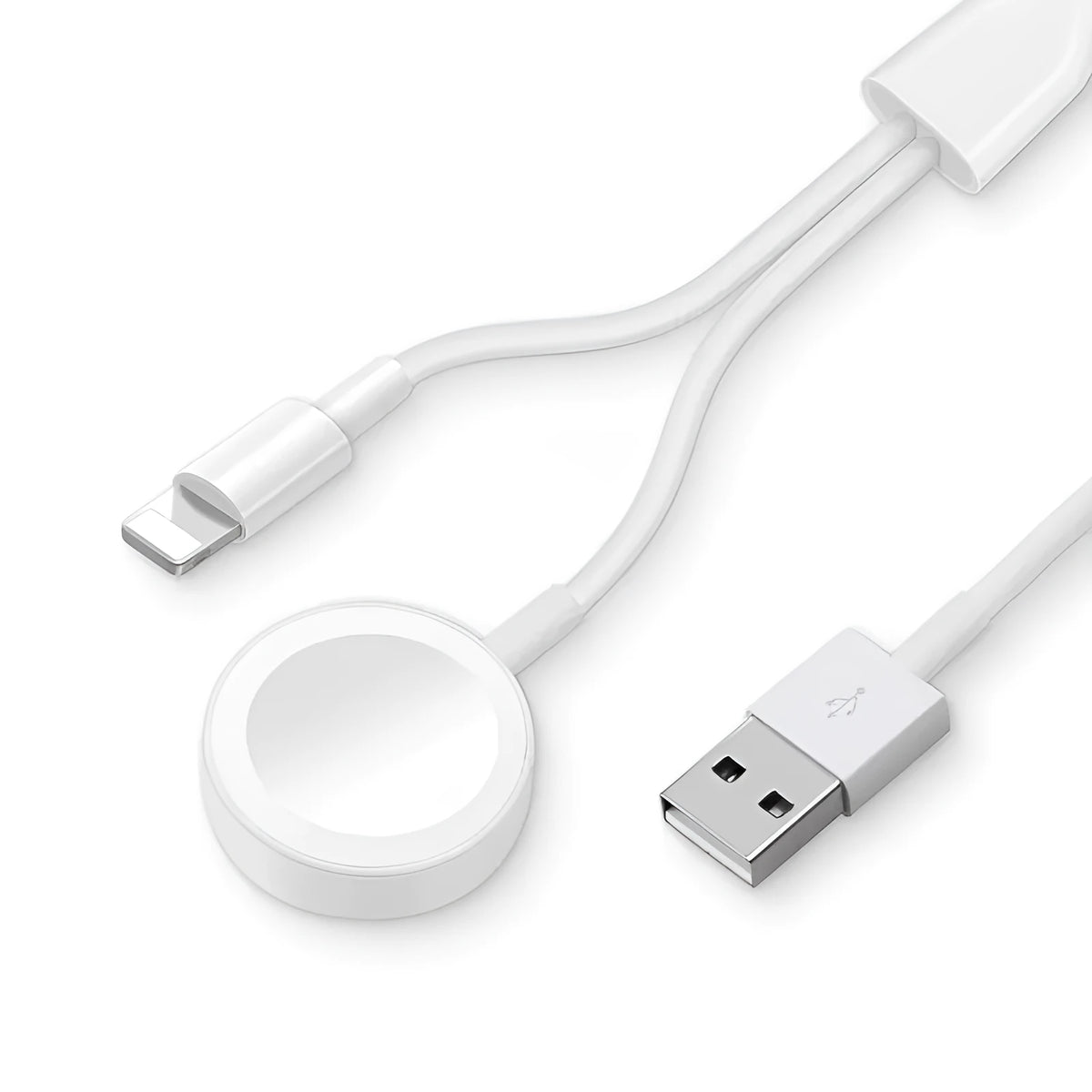 White two-in-one wireless charger for smartwatches with USB connection cable