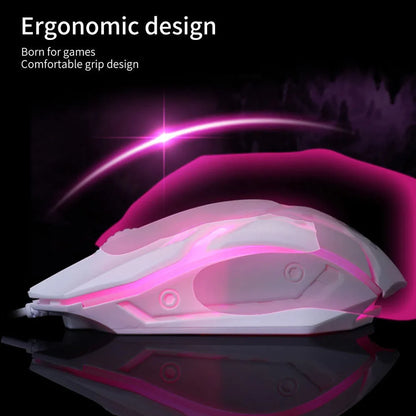 Wired computer mouse with luminous glow in black or white, showing USB cable and three buttons