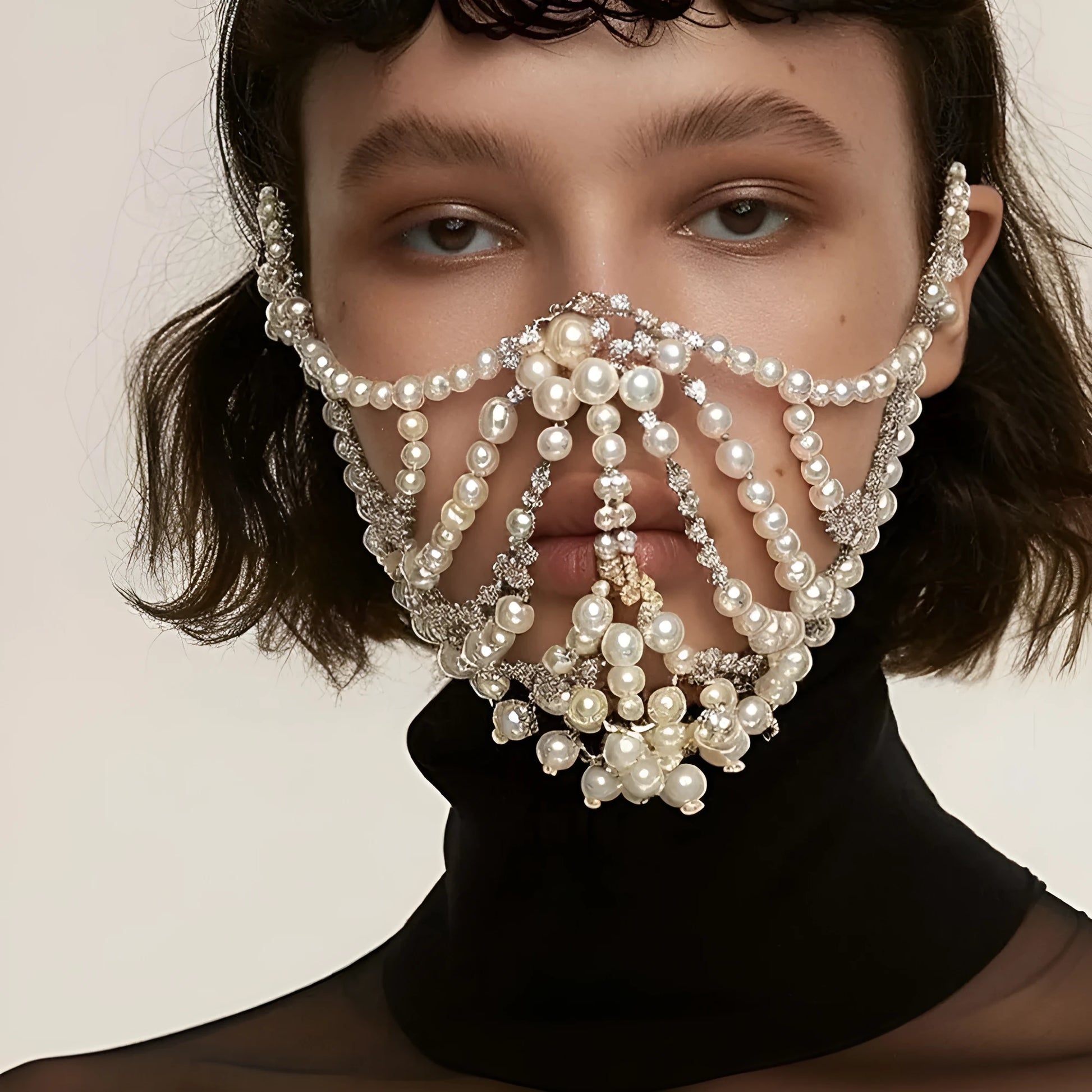 Exaggerated rhinestone party mask in gold colour with alloy patchwork and geometric shapes