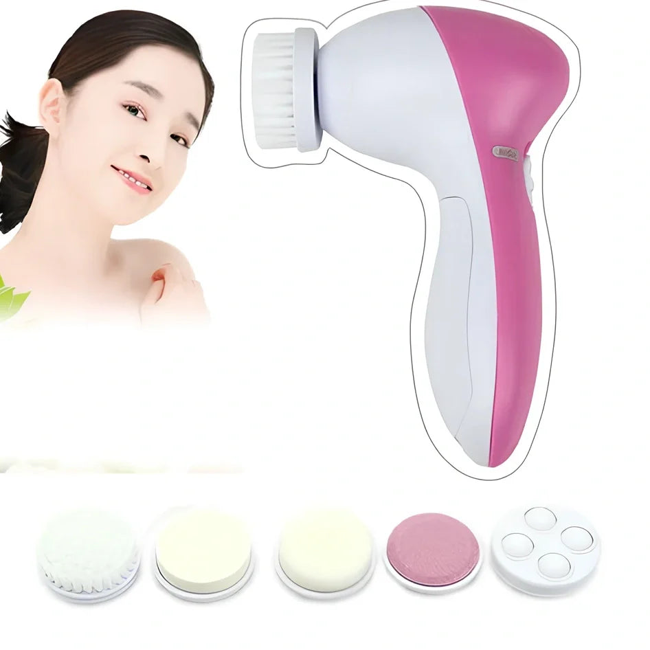 Pink electric facial cleanser with 5 attachments including soft brush, rolling massager, and sandstone head for skincare