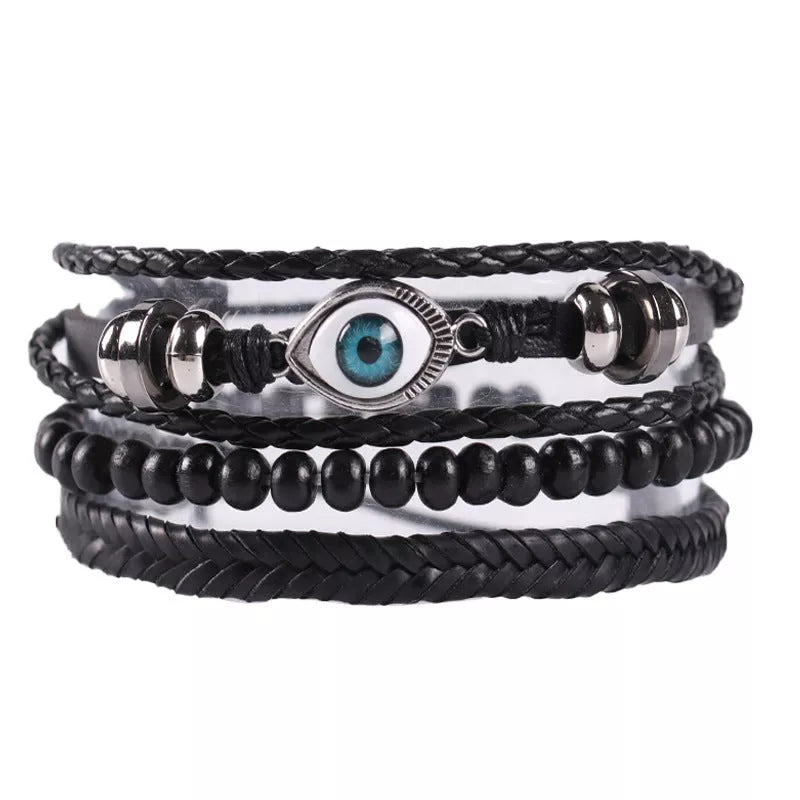 Braided leather cord brown eye bracelet with alloy charm