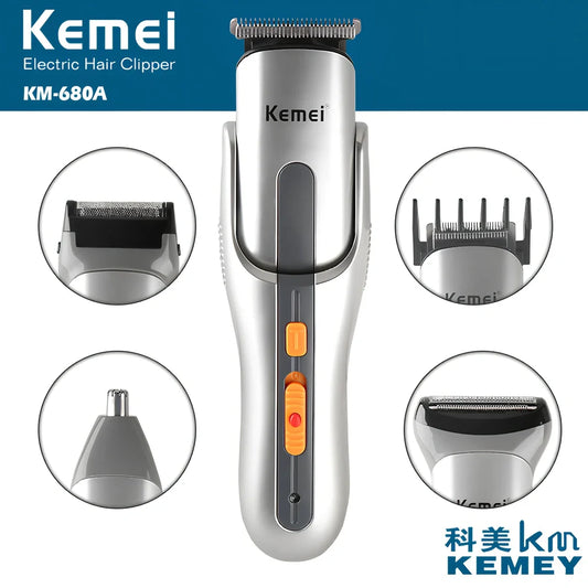 Silver multi-function hair clipper measuring 17x4.5cm with nine grooming accessories including nose hair trimmer