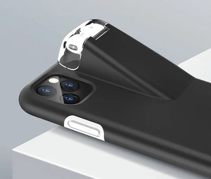 Black matte acrylic and silicone 2-in-1 case holding an iPhone and an AirPods charging case.