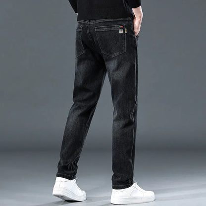 Blue grey slim straight trousers with micro-elasticity waistband on teenage model for summer street fashion