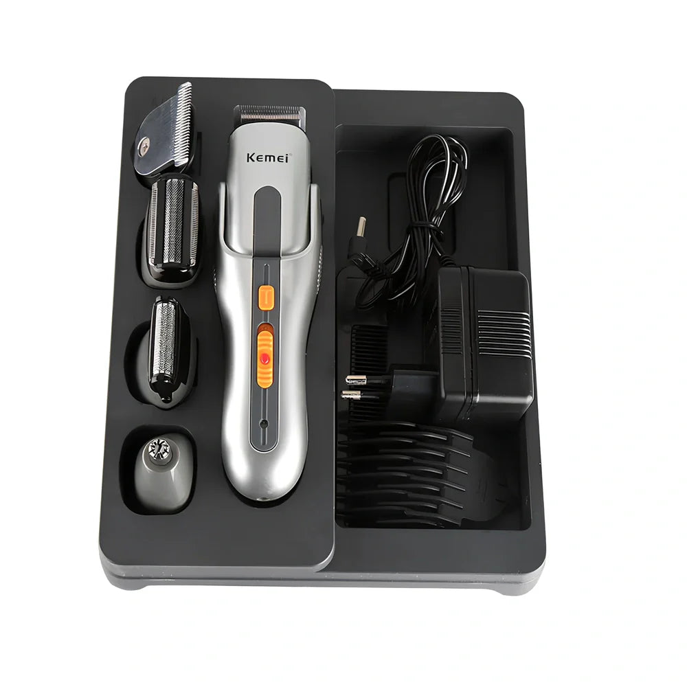 Silver multi-function hair clipper measuring 17x4.5cm with nine grooming accessories including nose hair trimmer