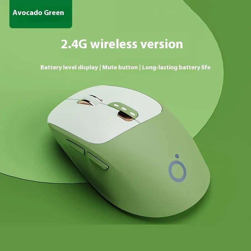 Mute wireless Bluetooth computer mouse in Matcha Green colour on a desk, showing its compact size and 5-button layout.