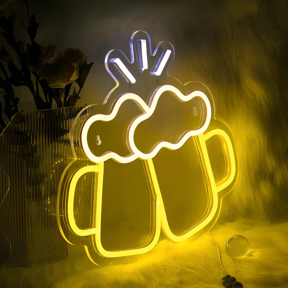 Yellow Bar Beer Cheers neon LED decorative light on shelf, acrylic shell, USB powered for home bar illumination