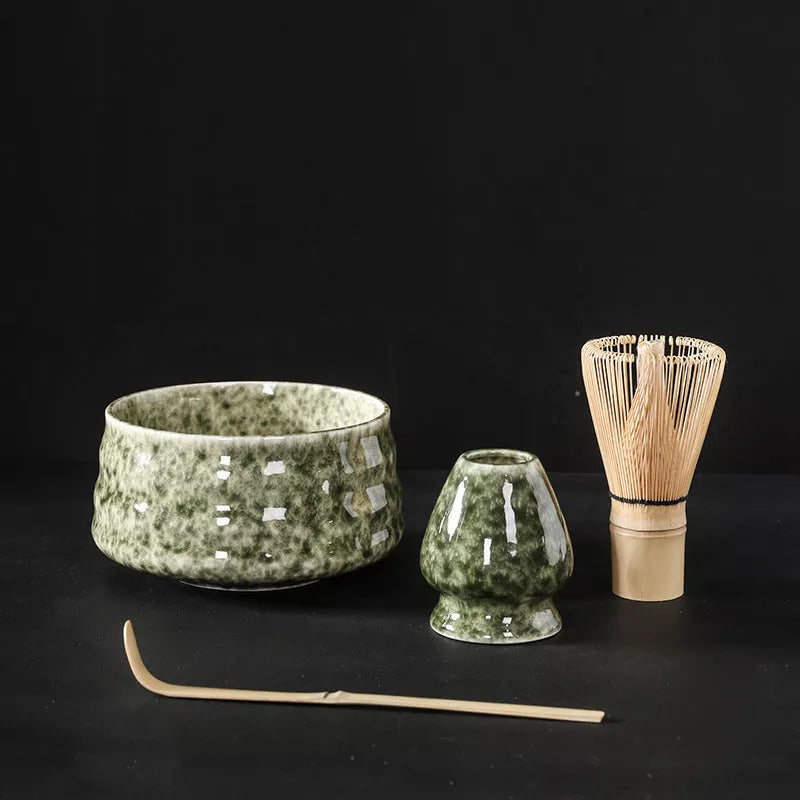 Japanese Matcha Tea Set with ceramic bowl and brush in clear glaze