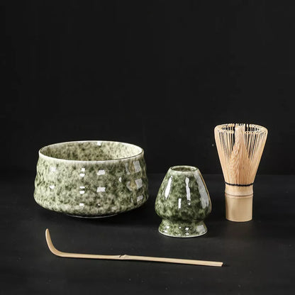 Japanese Matcha Tea Set with ceramic bowl and brush in clear glaze