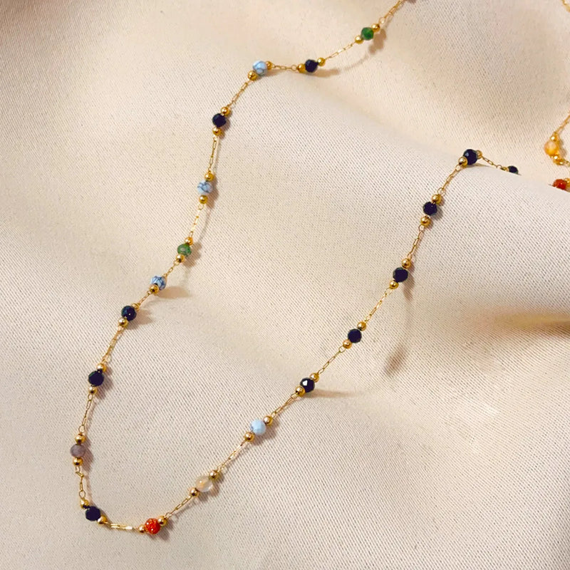 Women's Titanium Steel Necklace with Natural Stone Retro Simple Jewellery Chain 50cm O-Ring Electroplated Gold Finish