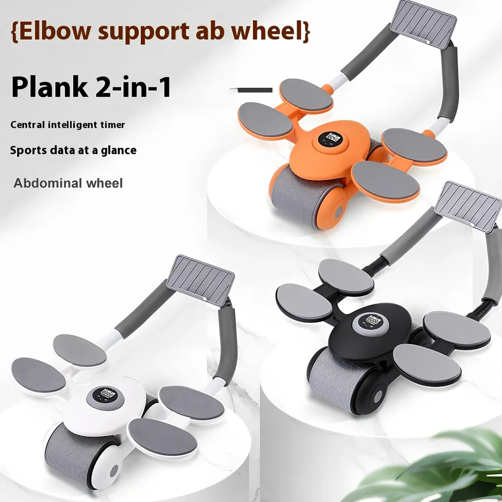 Black abdominal exercise wheel with four elbow support pads on grey floor