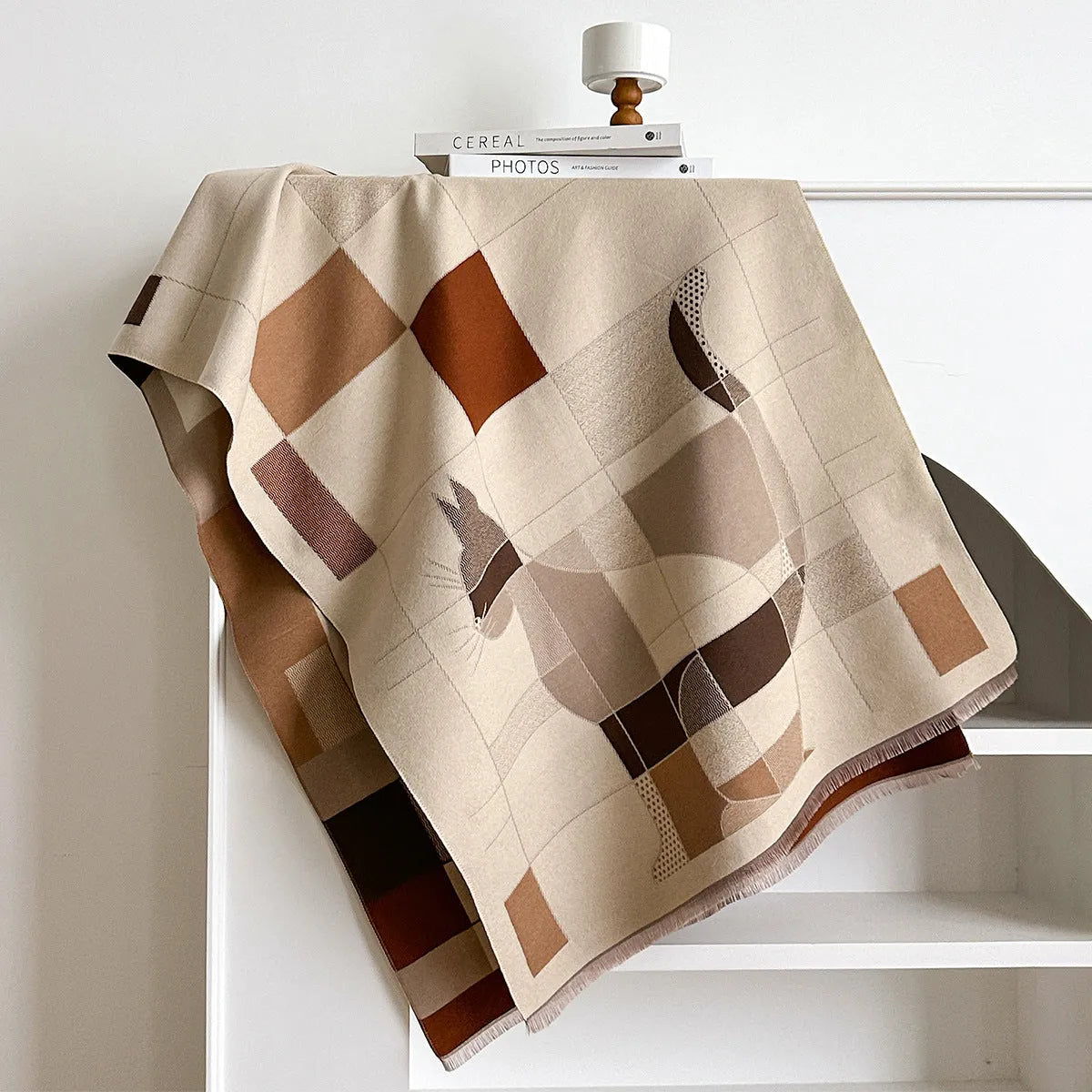 Imitation cashmere scarf in European American style showing 185x65cm dimensions and available colour options