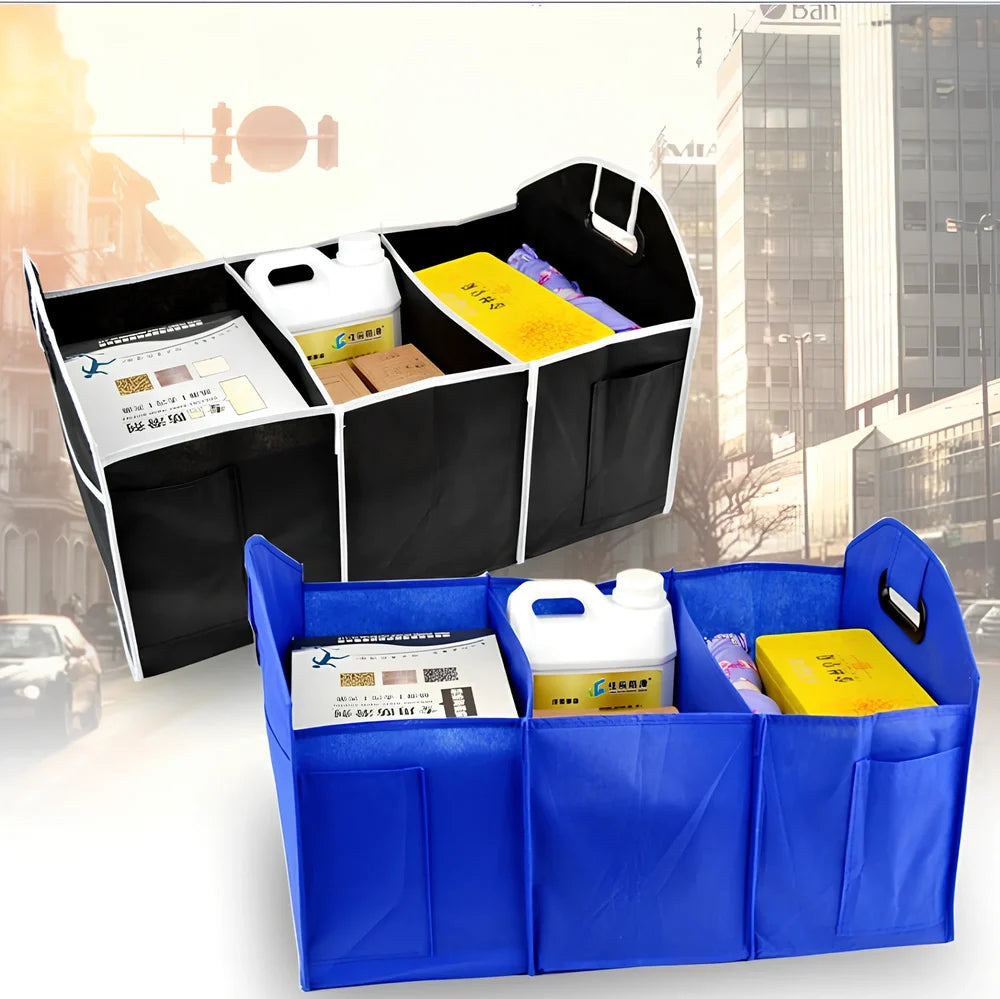 Black folding car storage box with three compartments and multiple pockets measuring 50x32.5x32.5cm