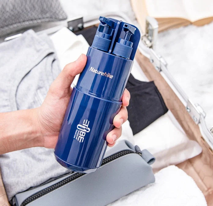 Multifunctional wash cup set includes two bottles, one cup, mirror, and comb for organized grooming