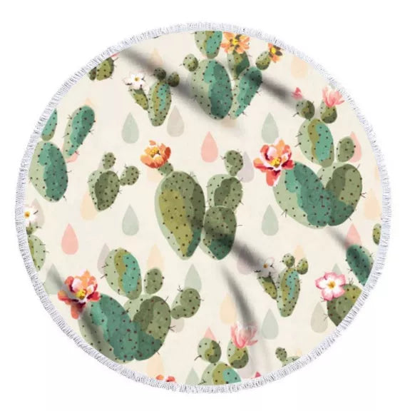 Round microfiber beach towel with cactus design, 60 inches in diameter