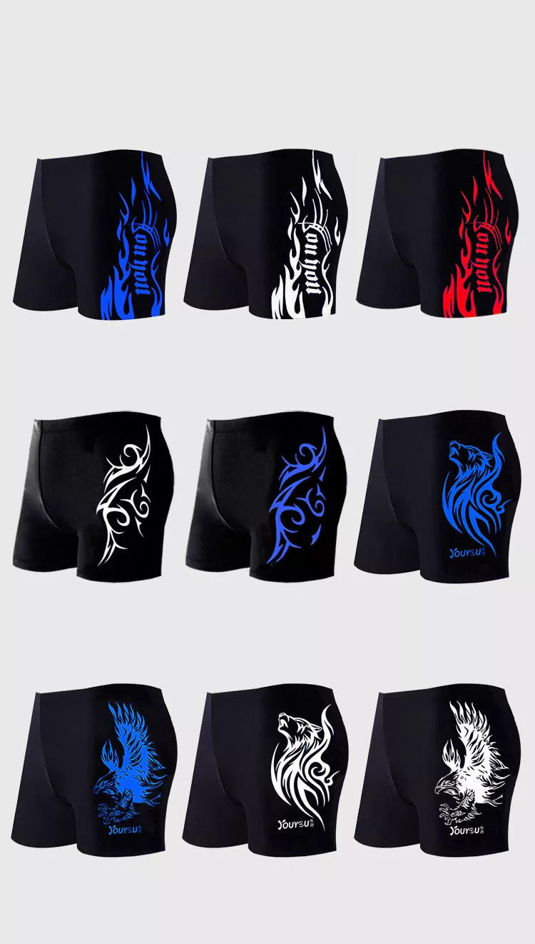 Men's plus size swimming trunks in blue, red, and silver with quick-dry fabric