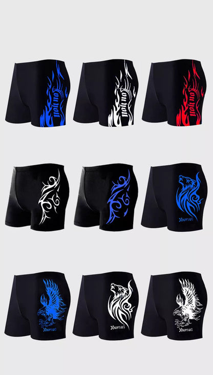 Men's plus size swimming trunks in blue, red, and silver with quick-dry fabric