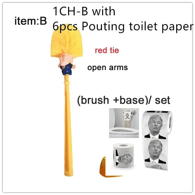 Yellow Donald Trump novelty toilet brush with hanging slot in handle