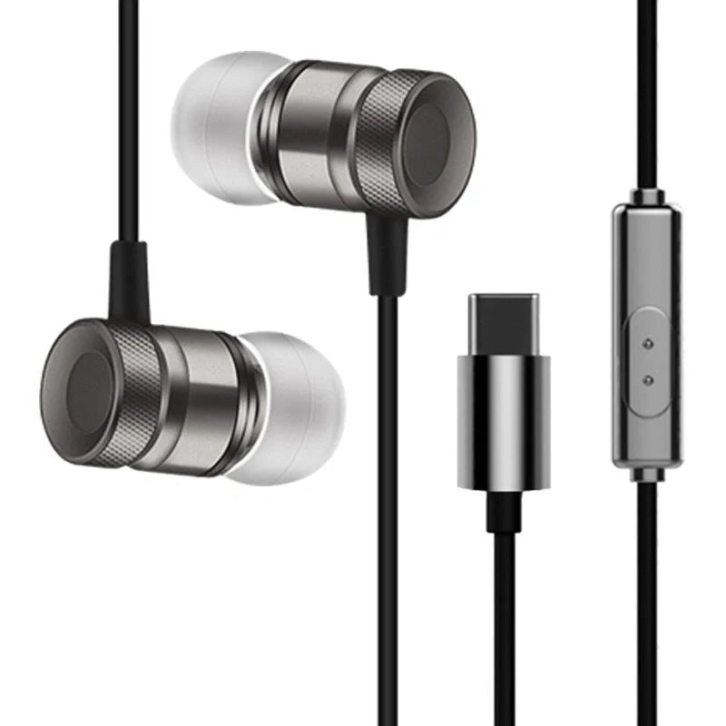 In-ear music video headphones with environmental TPE material in black, silver, pink, and gold