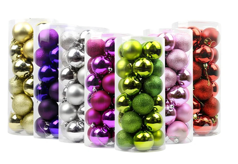 Christmas ball decorations in blue, green, purple, red, rose red, and silver colours showing 4cm, 6cm, and 8cm size comparison