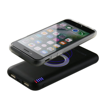 B100 wireless charging power bank in black or white colour showing USB port and wireless charging surface