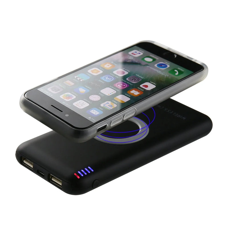 Wireless charger mobile power supply B100 with USB input interface, 5V/2000mA charging input, portable battery pack for phones in black or white colour options, customisable wireless charging power bank for smartphones and devices.