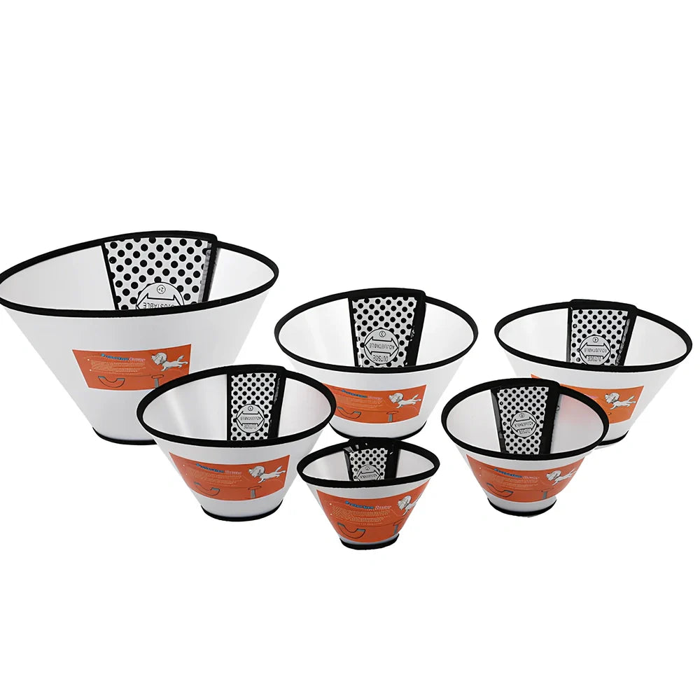 Orange Brebo anti-eating dog collar with Chinese styling and adjustable sizing from 13-42cm circumference