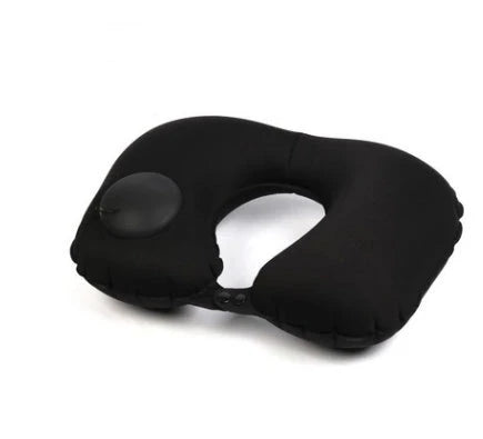 Inflatable U-shaped travel pillow with built-in air valve for customizable comfort and neck support during flights and car travel