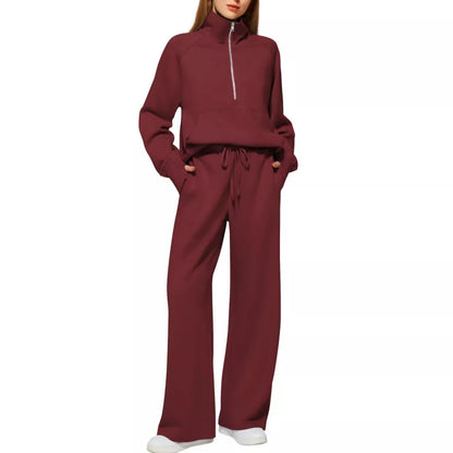 Women's solid color long-sleeved sweater trousers suit in polyester, available in multiple colors
