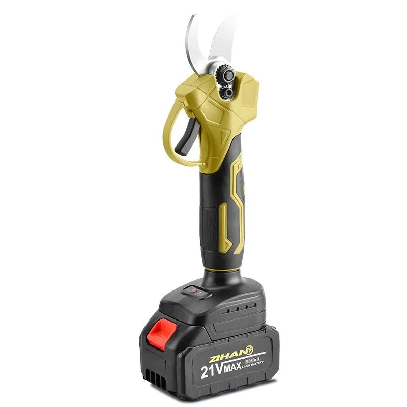 Cordless electric pruning knife with lithium batteries in plastic storage box