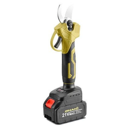 Cordless electric pruning knife with lithium batteries in plastic storage box