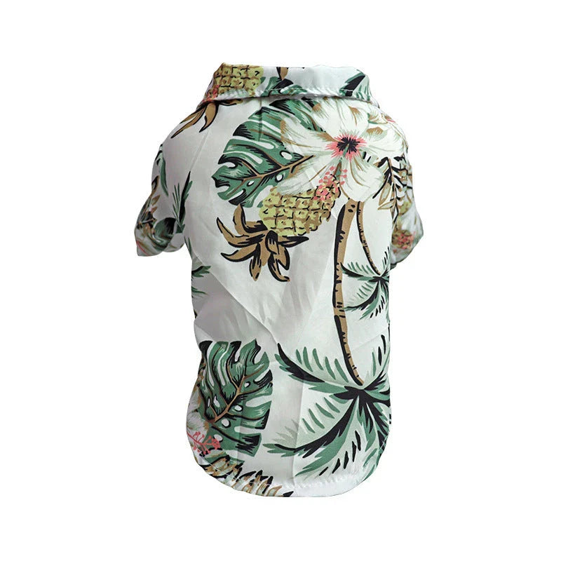 Breathable pet shirts featuring tropical pineapple, coconut tree, and Hawaiian-inspired prints