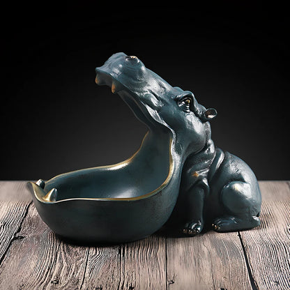 Handmade blue resin hippo storage figurine with removable top showing interior compartment