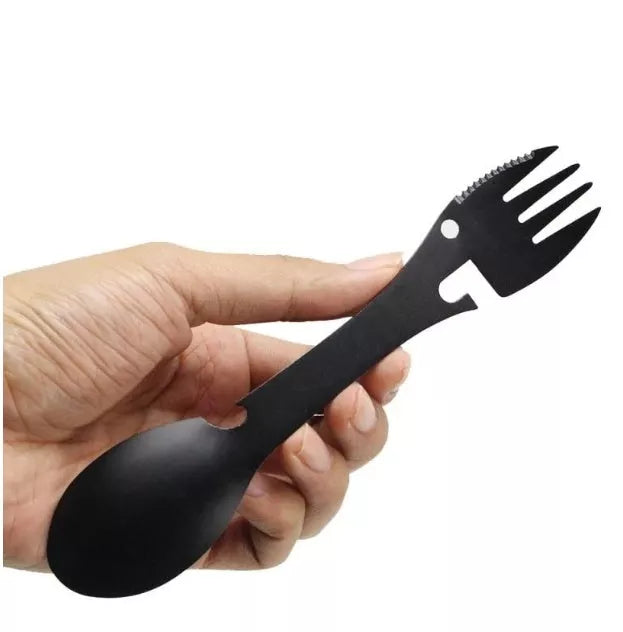 Stainless steel cutlery spoon with five functions: spoon, fork, knife, bottle opener, can opener