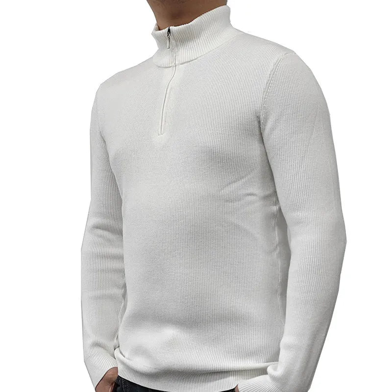 Men's black half-turtleneck zipper sweater with long sleeves, suitable for spring and autumn leisure wear