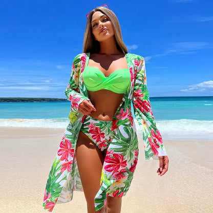 Women's three-piece printed swim set with bikini top, pants and beach blouse in green, blue or rose red.