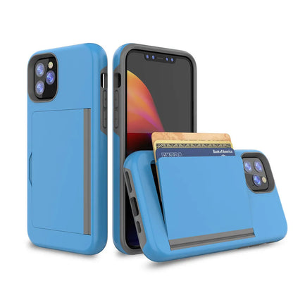 iPhone 11 mobile phone shell in six solid colours showing TPU+PC construction and precise model fit