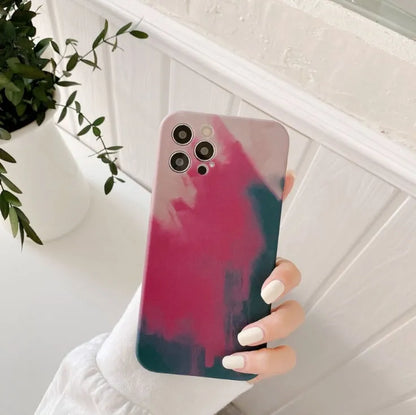 Silicone iPhone case with oil painting gradient design in blue, green, pink, or purple colours