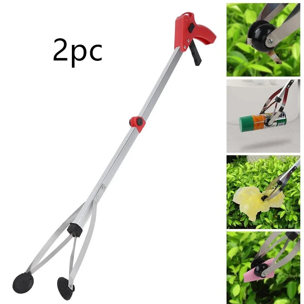 Blue aluminium folding grabber tool extended to 81cm with 8cm jaw opening showing rubber chuck