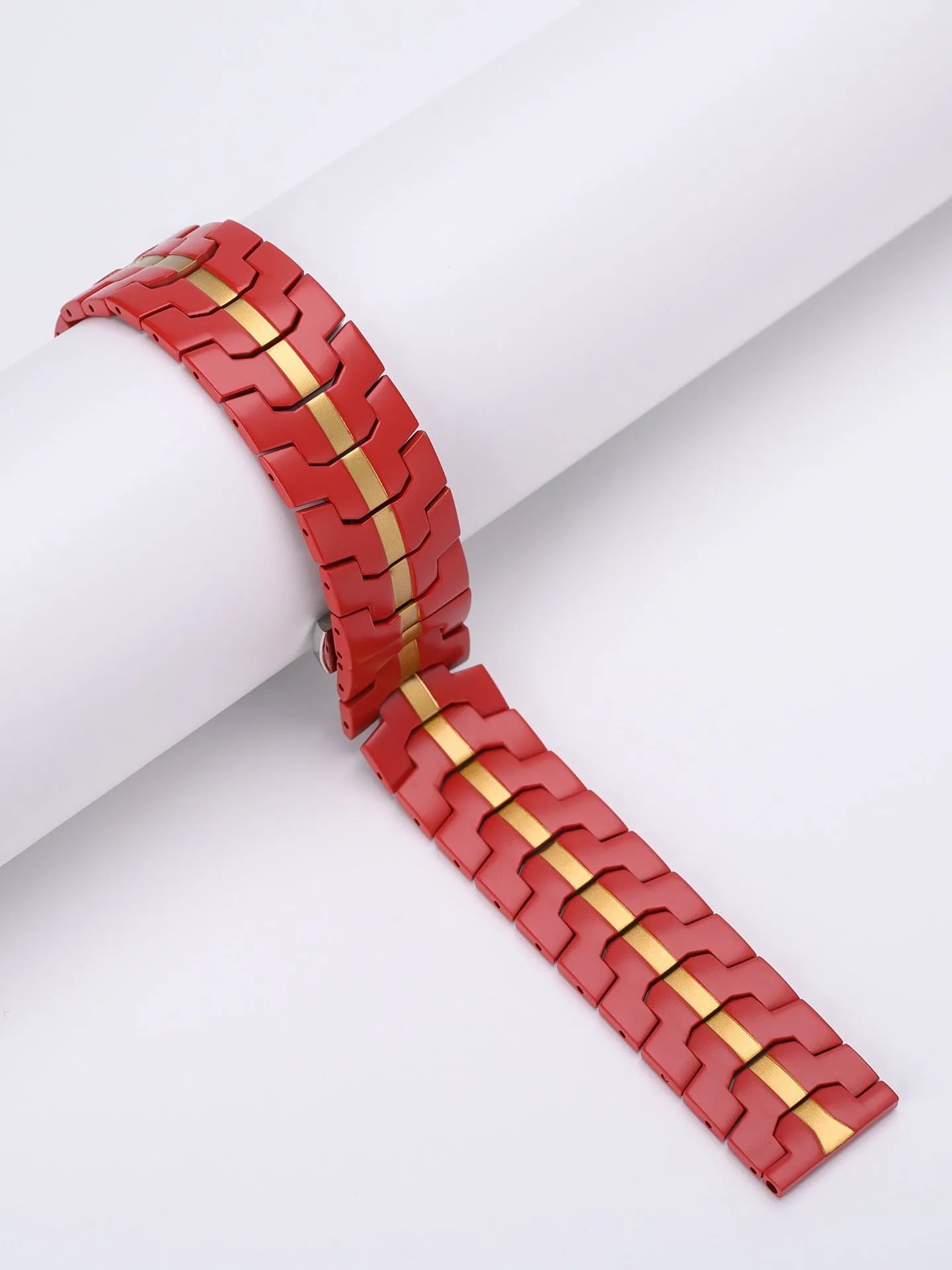 Stainless steel watch band for Samsung Galaxy Watch in multiple colour options on a grey background.