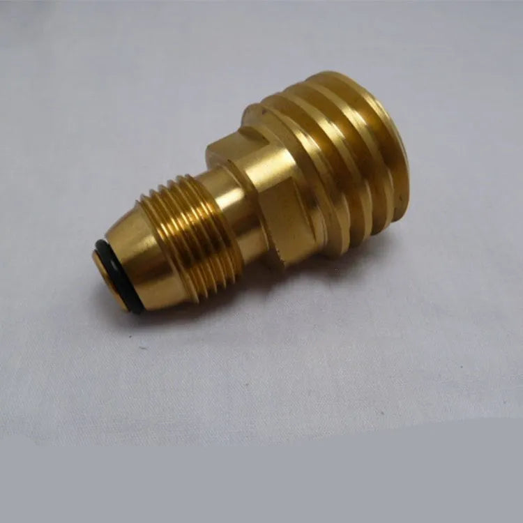 Brass gas brazier adapter with gold finish showing taper external thread