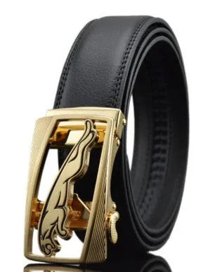 Men's black leather belt with automatic buckle mechanism showing 3.5cm width