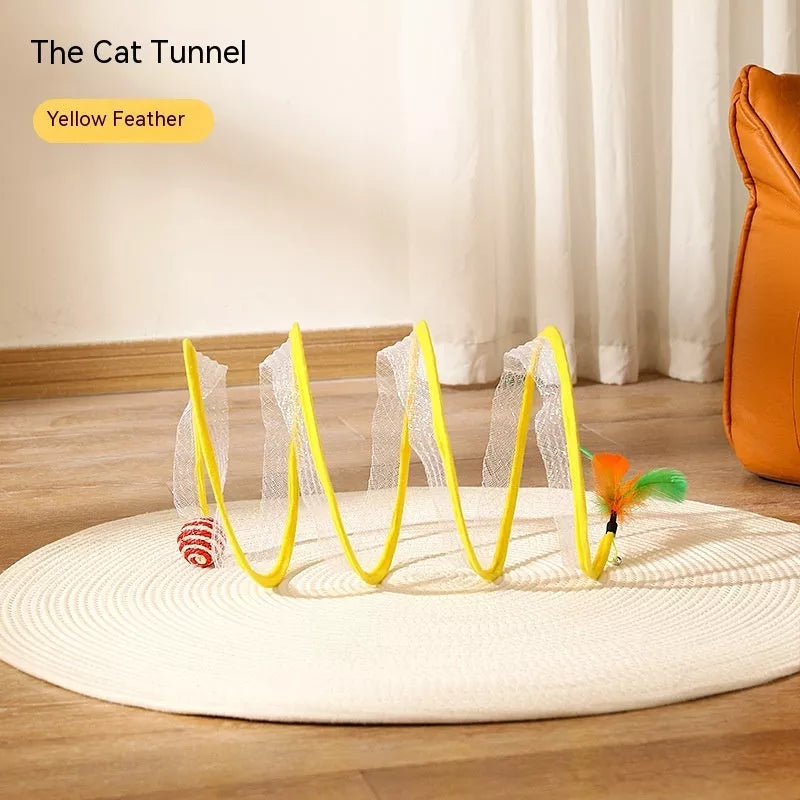 Folded Cat Tunnel S Type with Spring Toy Mouse for interactive cat play