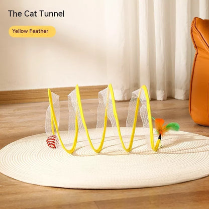 Folded Cat Tunnel S Type with Spring Toy Mouse for interactive cat play