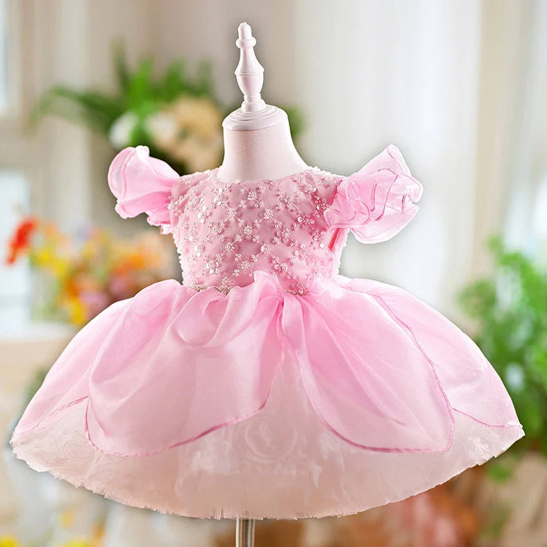 Children's pink flounced sleeve pettiskirt dress with princess styling for birthday parties