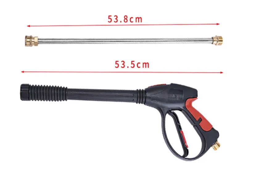 Black M22 lengthened pressure washer gun with engineering plastic body, all-copper head, extension rod, and 5-colour nozzle.